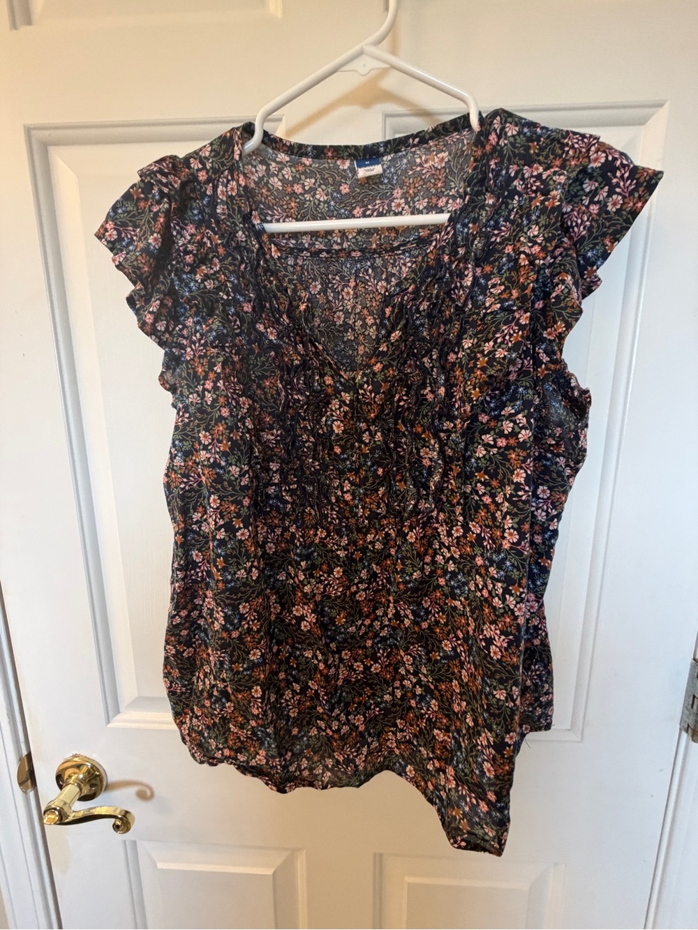 Old Navy Black Floral Ruffle Sleeve V-Neck Top Medium